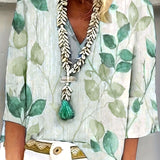 Leaf print v-neck formal blouse for women