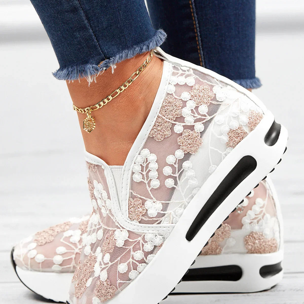 Women's Slip-On Sneakers - Sheer Mesh - Floral Embroidery - Platform Sole