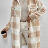 Women's plaid jacket with plush collar and buttons
