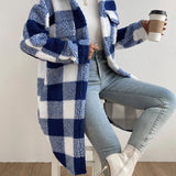 Women's plaid jacket with plush collar and buttons