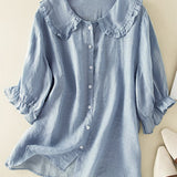 Women's cotton linen loose peter pan ruffles neck shirt