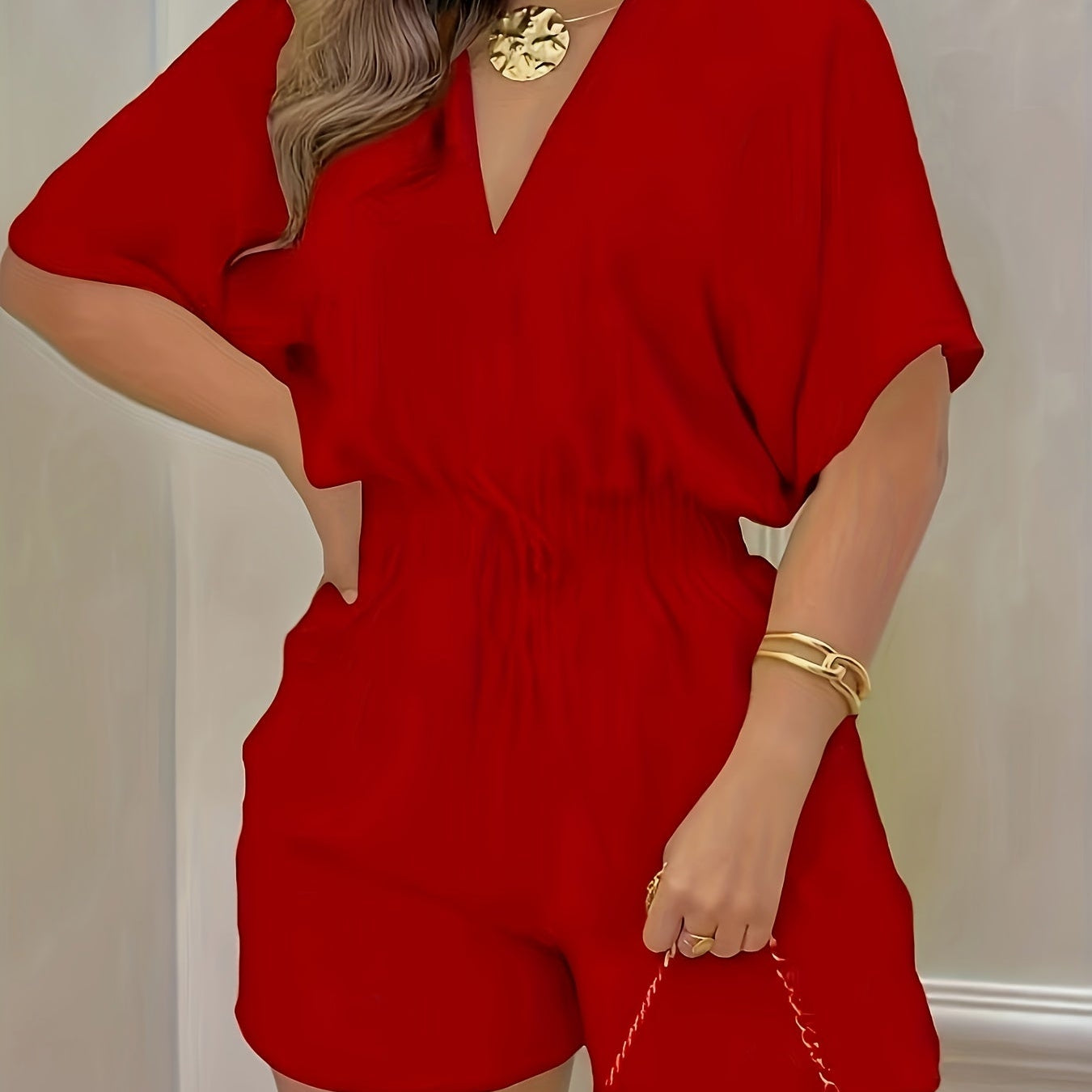 V-Neck Short Sleeve Romper - Shirred Waist Jumpsuit for Spring & Summer Women's Fashion