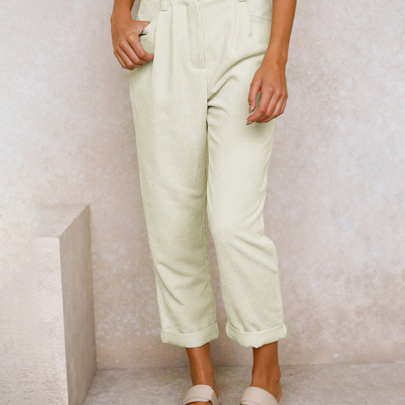 Women's High-Waisted Trousers - Pleated Front - Relaxed Fit - Cuffed Hem Ribbed Fabric