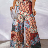 Women's Palazzo Trousers - High Waist - Wide Leg - Adjustable Drawstring - Boho Print