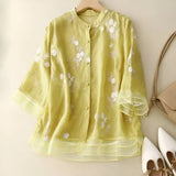 Women’s Blouse – Breathable material – Relaxed Fit – Embroidered – Button-Down – 3/4 Sleeve