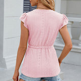 Women’s Blouse – Relaxed Fit – Eyelet Texture – Tie Waist – Notched Neck – Cap Sleeves