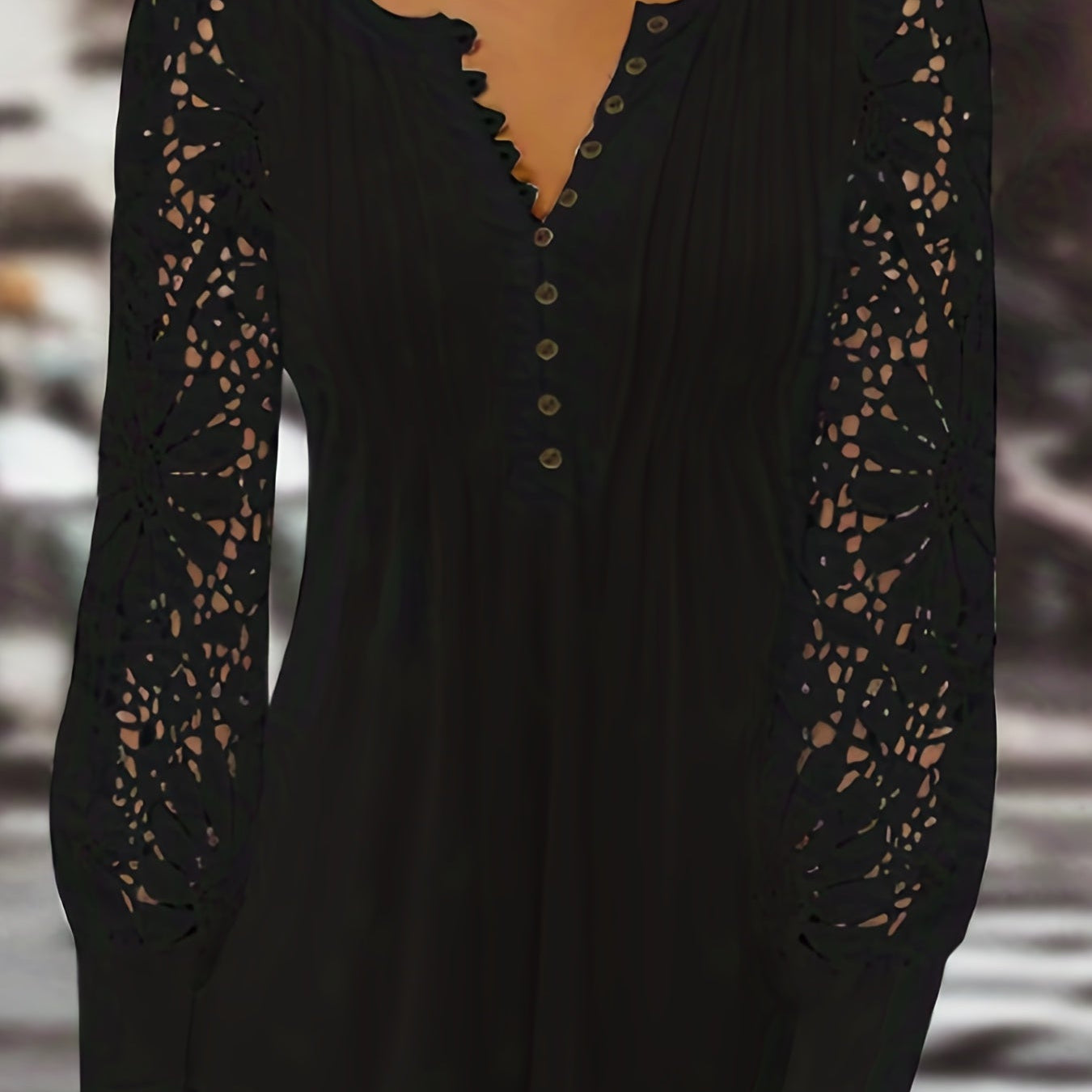 Women's Blouse - Long Lace Sleeves - Round Neck - Pintuck Detailing - Relaxed Fit