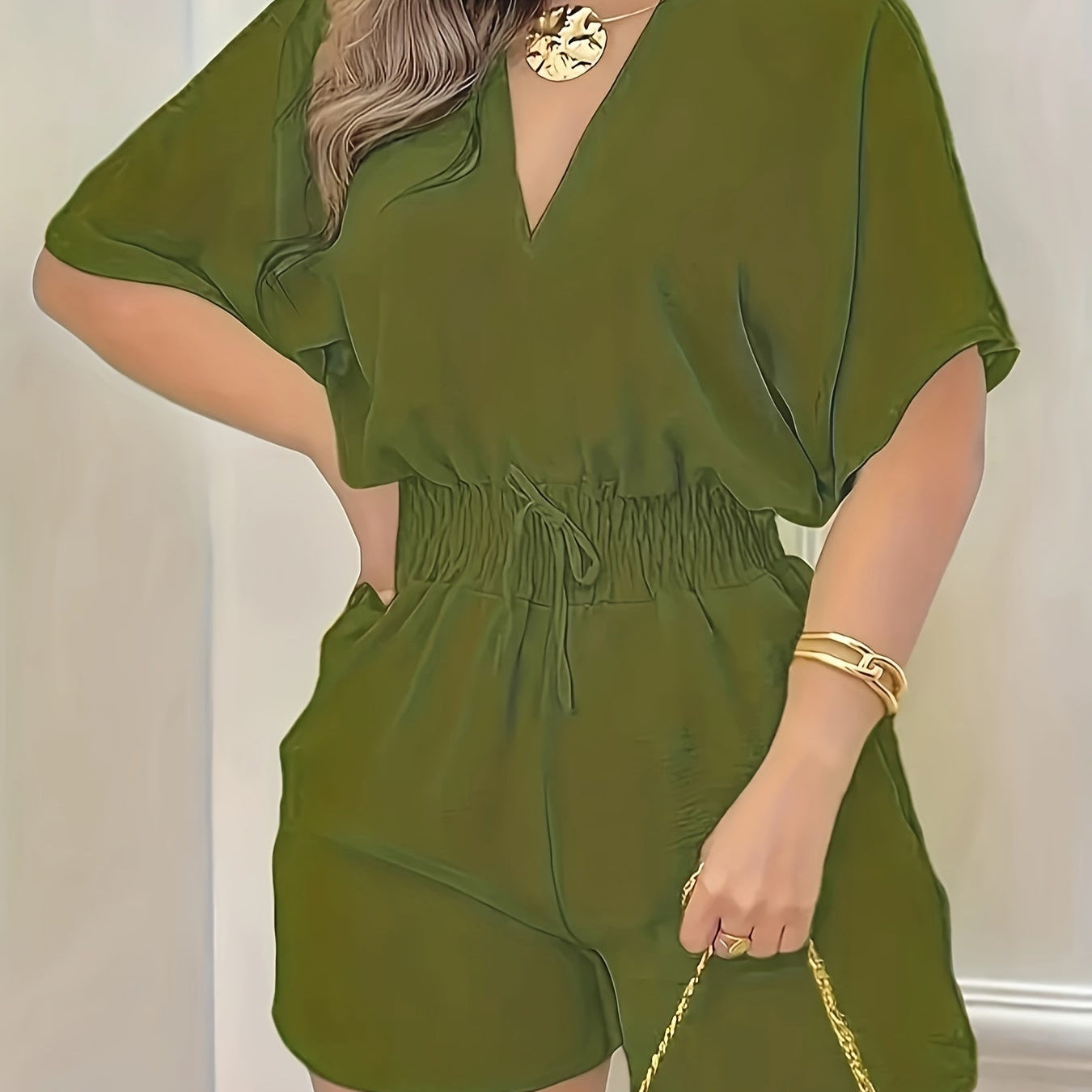 V-Neck Short Sleeve Romper - Shirred Waist Jumpsuit for Spring & Summer Women's Fashion