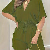 V-Neck Short Sleeve Romper - Shirred Waist Jumpsuit for Spring & Summer Women's Fashion