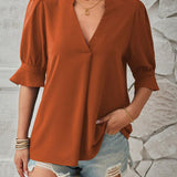 Women's Notched Neck Half Sleeve Blouse - Lightweight Casual Top
