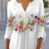 Women's Blouse - V-Neck Button Detail - Long Sleeve Flowy Floral Print