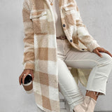 Women's plaid jacket with plush collar and buttons