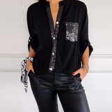 Women’s Blouse – Relaxed Fit – Sequin Placket – Roll Tab Sleeves – Breathable Blend