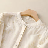 Women’s Blouse – Breathable material – Relaxed Fit – Embroidered – Button-Down – 3/4 Sleeve