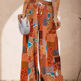 Women's Palazzo Trousers - High Waist - Wide Leg - Adjustable Drawstring - Boho Print