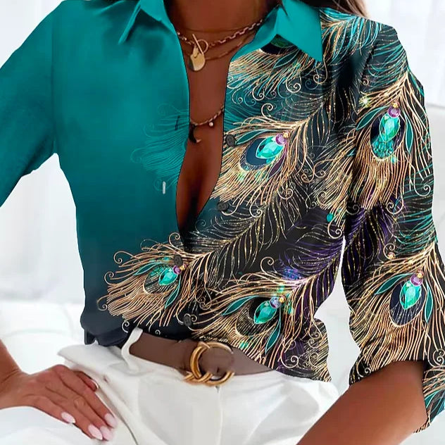 Women’s Blouse – Luxury Fabric – Fitted Silhouette – Feather Print – Button Down