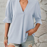 Women's Notched Neck Half Sleeve Blouse - Lightweight Casual Top