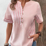 Women's Blouse - Lightweight Breathable Fabric - Striped - Mandarin Collar - Short Cuffed Sleeves