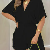 V-Neck Short Sleeve Romper - Shirred Waist Jumpsuit for Spring & Summer Women's Fashion