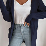Women's ribbed open-front cardigan with hood and pockets