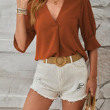 Women's Notched Neck Half Sleeve Blouse - Lightweight Casual Top