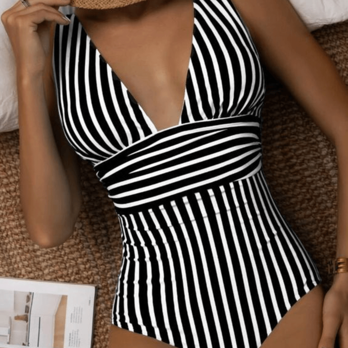 Halter Neck Striped One-Piece Swimsuit for Women