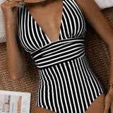 Halter Neck Striped One-Piece Swimsuit for Women