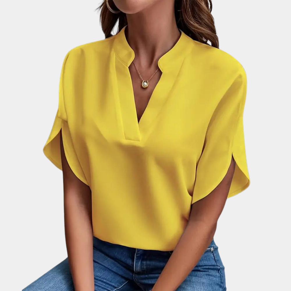 Women's Blouse - V-Neck Stand Collar - Short Sleeve Lightweight Relaxed Fit