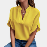 Women's Blouse - V-Neck Stand Collar - Short Sleeve Lightweight Relaxed Fit