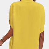 Women's Blouse - V-Neck Stand Collar - Short Sleeve Lightweight Relaxed Fit