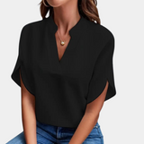 Women's Blouse - V-Neck Stand Collar - Short Sleeve Lightweight Relaxed Fit