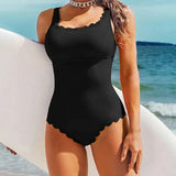Women’s One-Piece Swimsuit – Ribbed Texture – Scalloped Edges – U-Neckline Fit