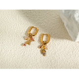 Alexandra | 18K Gold Hoop Earrings with Pink Gemstone & Gold Leaf Charm