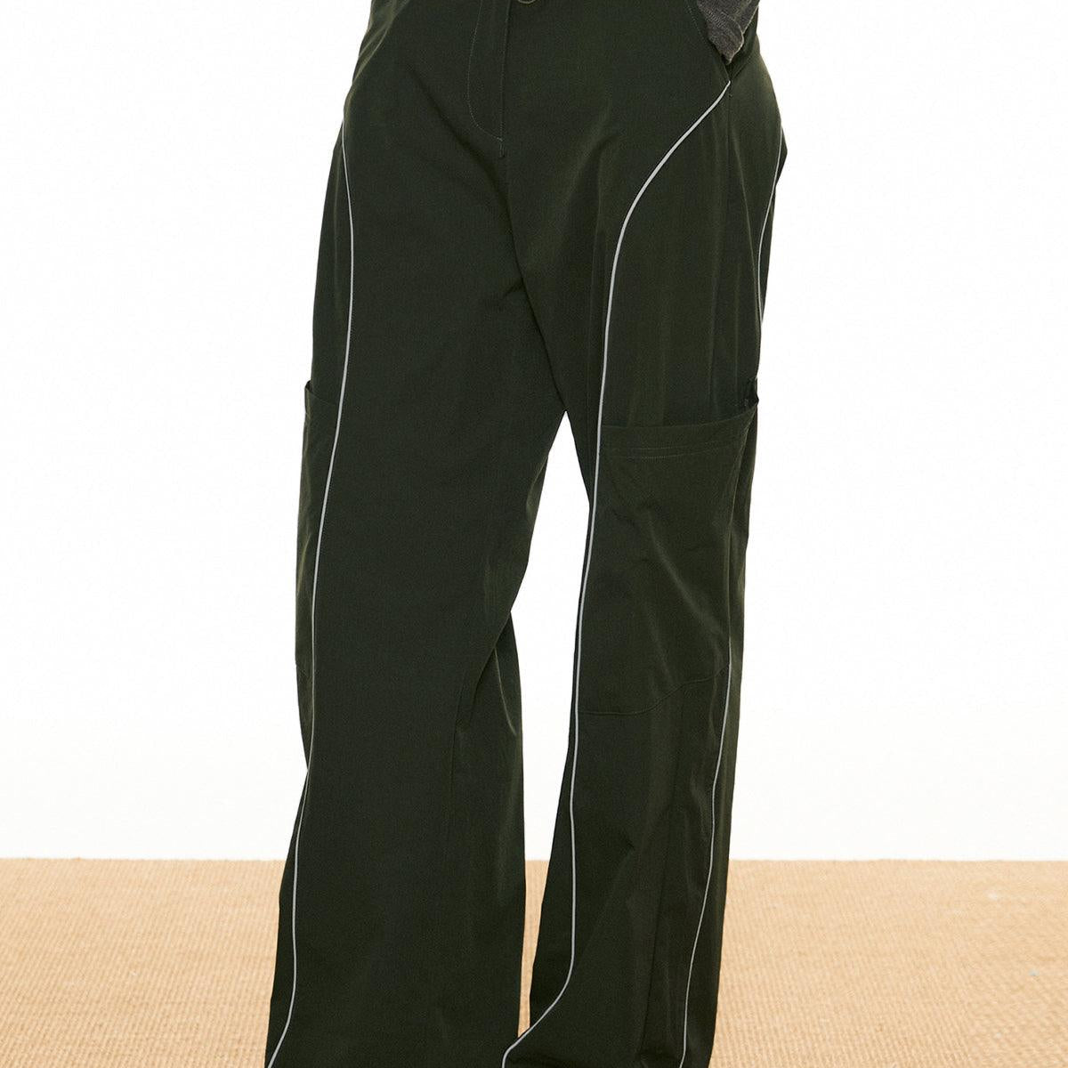 Women's Cargo Trousers - Wide Leg - Drawstring Waist - Contrast Piping - Utility Style