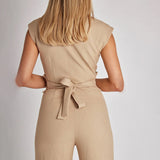 Women's Jumpsuit - Sleeveless High Neck - Fitted Bodice - Wide-Leg with Waist Tie