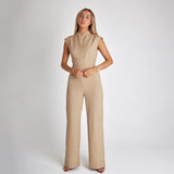 Women's Jumpsuit - Sleeveless High Neck - Fitted Bodice - Wide-Leg with Waist Tie