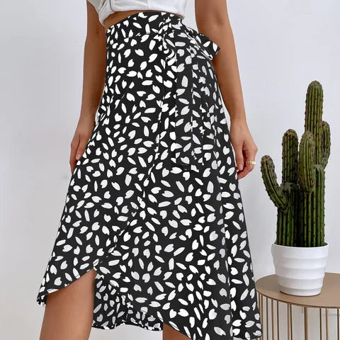 Women's Midi Wrap Skirt - Asymmetrical Hem - Printed Design - Adjustable Fit