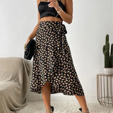 Women's Midi Wrap Skirt - Asymmetrical Hem - Printed Design - Adjustable Fit