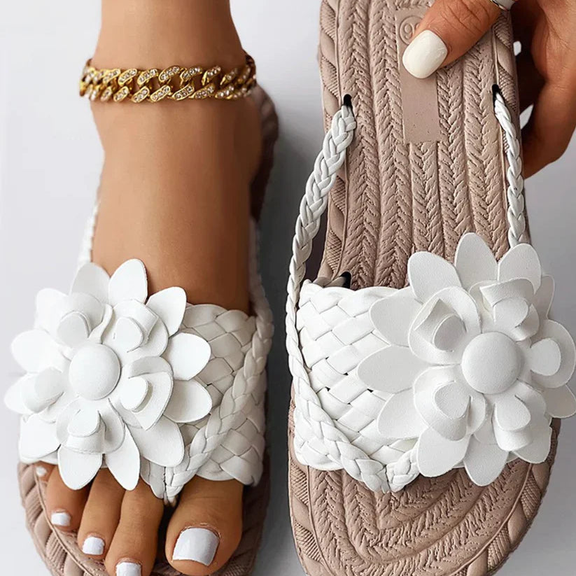 Women's Sandals - Braided Strap - Floral Embellishment - Woven Textured Sole