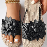 Women's Sandals - Braided Strap - Floral Embellishment - Woven Textured Sole