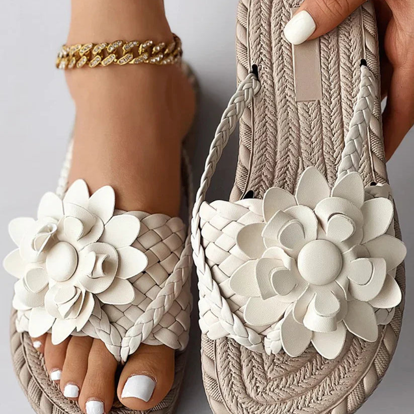 Women's Sandals - Braided Strap - Floral Embellishment - Woven Textured Sole