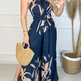 Women's Jumpsuit - Halter Neck - Cinched Waist - Wide-Leg Flowing Fabric - Floral Print