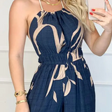 Women's Jumpsuit - Halter Neck - Cinched Waist - Wide-Leg Flowing Fabric - Floral Print