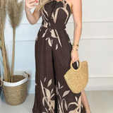 Women's Jumpsuit - Halter Neck - Cinched Waist - Wide-Leg Flowing Fabric - Floral Print