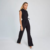 Women's Jumpsuit - Sleeveless High Neck - Fitted Bodice - Wide-Leg with Waist Tie