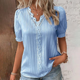 Women's Blouse - Lightweight Pleated Fabric - V-Neck Lace Detail - Short Puffed Sleeves