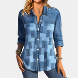 Women's Button-Up Shirt - Patchwork Textured Design - Classic Collar - Casual Fit