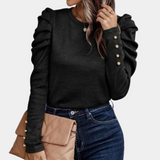 Women's Blouse - Puff Sleeve - Round Neck - Button Cuff - Elegant Fitted Design