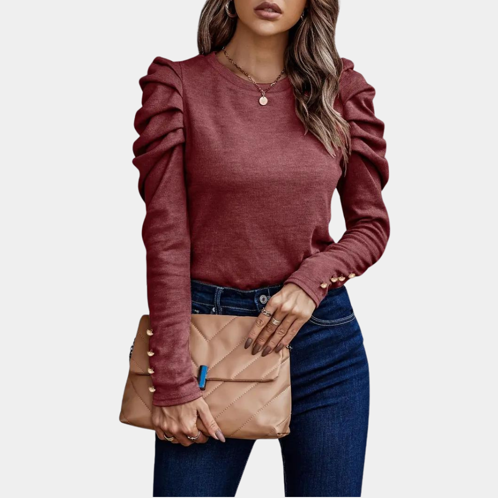Women's Blouse - Puff Sleeve - Round Neck - Button Cuff - Elegant Fitted Design