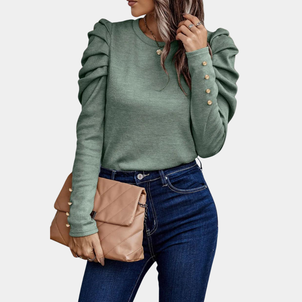 Women's Blouse - Puff Sleeve - Round Neck - Button Cuff - Elegant Fitted Design
